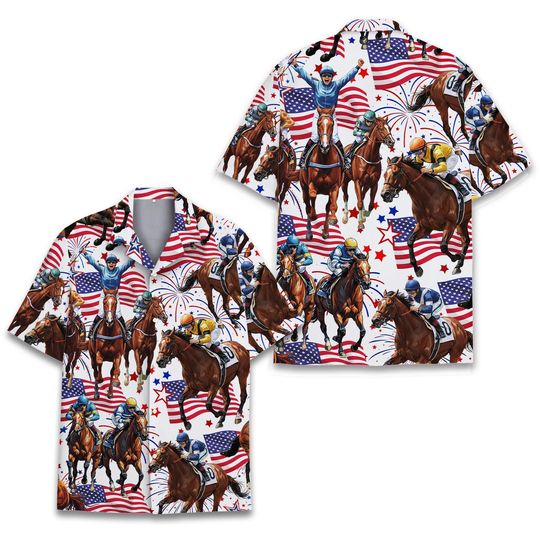 Discover Patriotic Horse Racing Hawaiian Shirt, Jockey Race Aloha Shirt, American Flag Sport Print, 4th Of July Shit Button Up, Racing Fan Gift