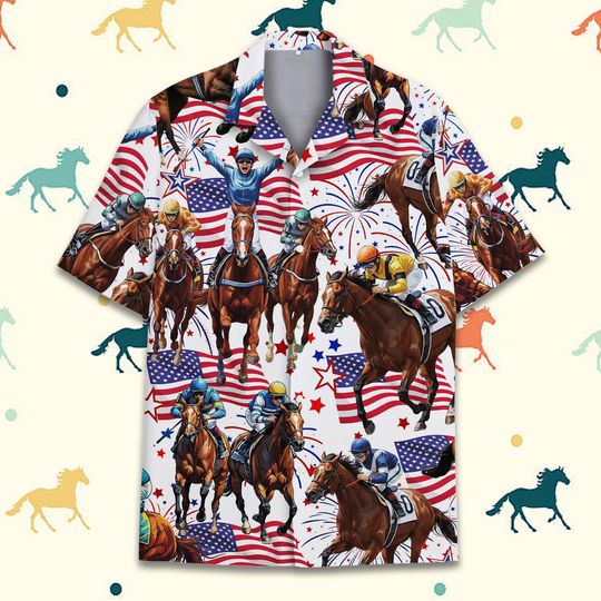 Discover Horse Racing Hawaiian Shirt, Patriotic Jockey Aloha Shirt, USA Flag Racehorse Print, Sport Party Shirt, Gift For Horse Racing Fans
