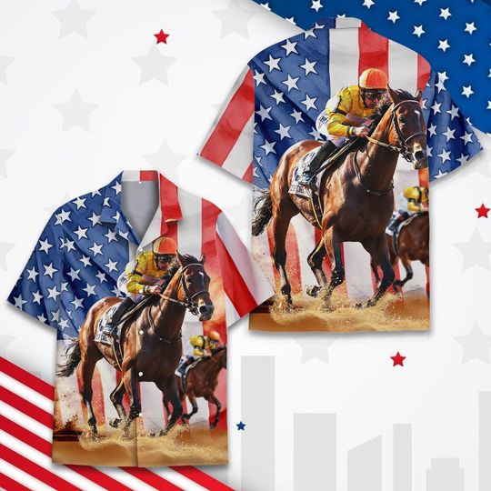 Discover Patriotic Horse Racing Hawaiian Shirt, Jockey Race Aloha Shirt, American Flag Sport Print, 4th Of July Shit Button Up, Racing Fan Gift