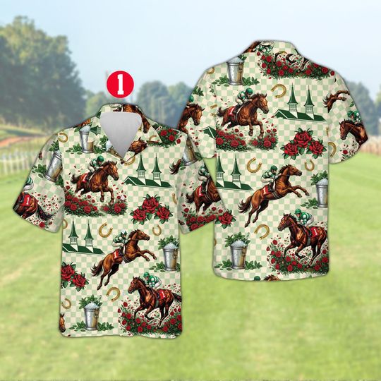 Discover Checkered Horse Racing Hawaiian Shirt, Jockey and Rose Print, Lucky Horseshoe Aloha Shirt, Summer Derby Day Vacation Wear