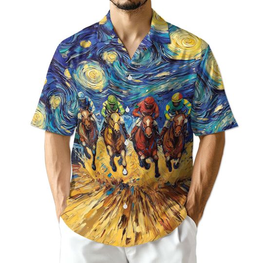Discover Horse Racing Starry Night Hawaiian Shirt, Artistic Horse Aloha Shirt, Night Sky Button Down Summer Shirt Unisex S5XL