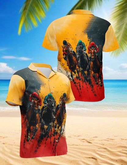 Discover Horse Racing Hawaiian Shirt Yellow Red, Jockey Derby Aloha Shirt, Racing Horse Button Up, Equestrian Fan Gift