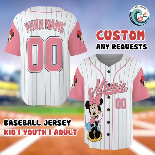 Discover Minnie Mouse Disney Baseball Jersey, Custom Name Number Jersey, Minnie Mouse Pink Baseball Shirt, Kids Youth Adult Disney Jersey