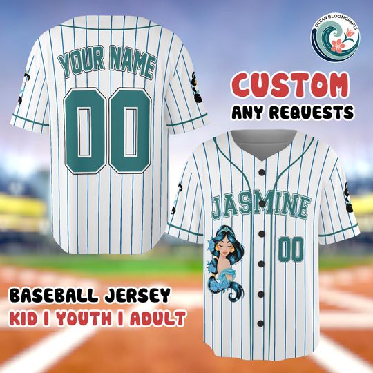 Princess Jasmine Aladdin Baseball Jersey, Custom Name Number Baseball Jersey, Disney Princess Jasmine Shirt, Aladdin Princess Baseball Shirt