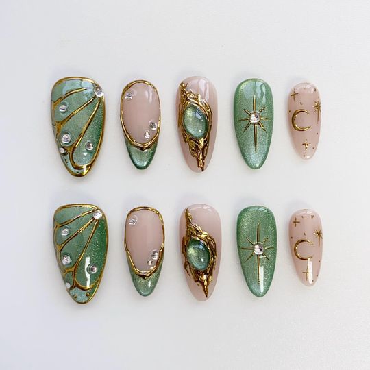 Summer Green Cat Eye Short Almond Press-On Nails with Glitter, Butterfly, Star, Moon Designs and 3D Gold Chrome Finish