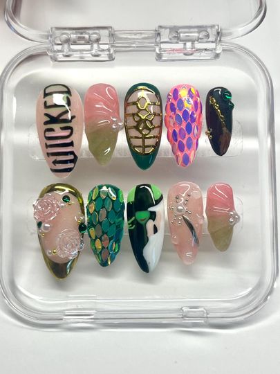 Wicked Inspired Press-On Nails: Glinda & Elphaba, Sparkle Charms - Wicked Merch - Mother's Day Gift