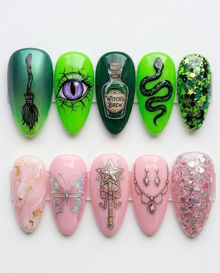 Wicked Inspired Press On Nails, Green Witch Eye Snake & Pink Glinda Fairy Set- Wicked Merch - Mother's Day Gift
