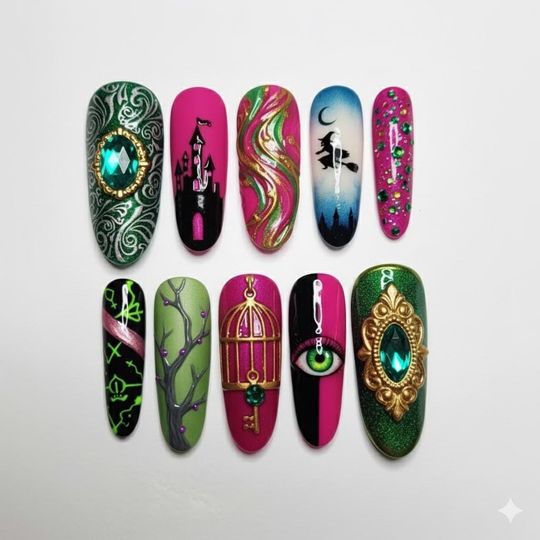 Discover Green Pink Wicked Press On Nails, Enchanted Fantasy, Castle Witch Flying Nail Art, Gem Magic Nails, Forest Fairy Theme Acrylic Nails