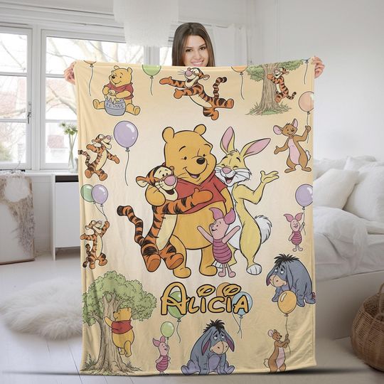 Discover Personalized Winnie the Pooh Blanket, Custom Baby Name, Classic Pooh Nursery Throw, Pooh And Friends Blanket, Newborn Shower Gift NGUH15