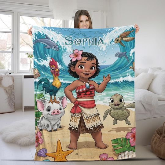 Discover Personalized Disney Moana Blanket, Baby Princess Moana Blanket, Birthday Gift Baby Girl Blanket, Moana 2 Blanket Maui Hei Hei Tamatoa NGVK08