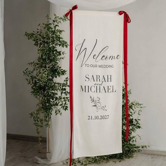 Discover Custom Linen Welcome Wedding Sign, Personalized Fabric Banner. Elegant Hanging Decor, Bridal Shower Decoration