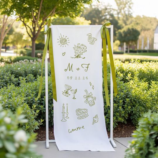 Discover Personalized Fabric Wedding Welcome Sign  Custom Cotton Banner With Illustrated Icons  Self-Edit Template Option