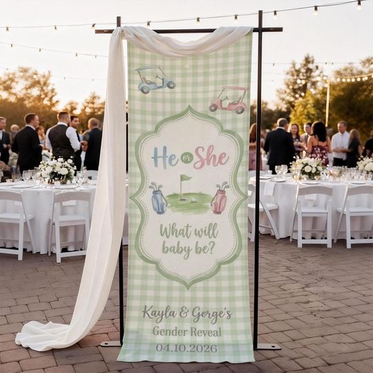 Discover Personalized Linen Cotton Gender Reveal Banner, Custom Name Event Backdrop, Golf Theme Design