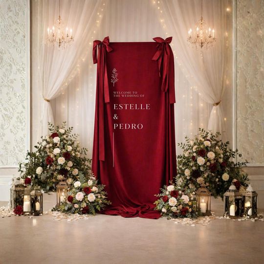 Burgundy Wedding Welcome Sign Fabric Banner, Linen Hanging Wedding Sign Burgundy, WS47_RED