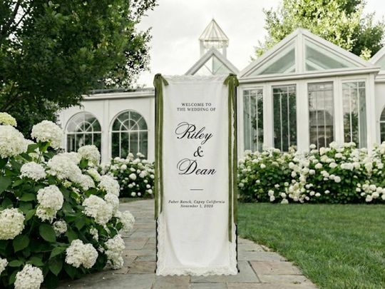 Discover Lace Wedding Welcome Sign, Custom Linen Fabric Banner