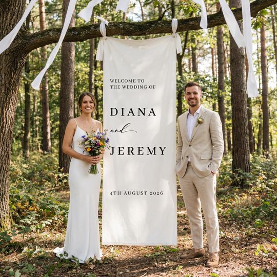 Custom Wedding Welcome Sign | Vertical Fabric Wedding Banner | Personalized Names & Date Backdrop | Rustic Outdoor Ceremony Decor