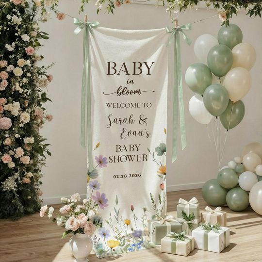 Discover Baby in Bloom Shower Banner, Personalized Floral Fabric Backdrop, Custom Name Welcome Sign