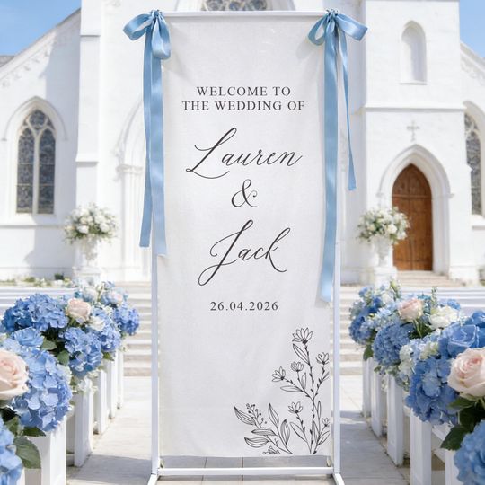 Discover Personalized Linen Wedding Welcome Sign, Custom Fabric Banner for Ceremony, Engagement Sign, Floral Wedding Sign, Modern Outdoor Decor