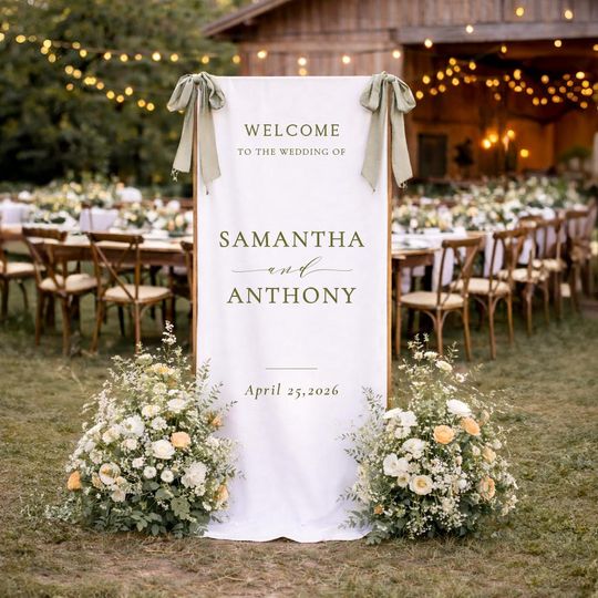 Discover Custom Linen Wedding Welcome Sign, Fabric Banner, Modern Boho Decor