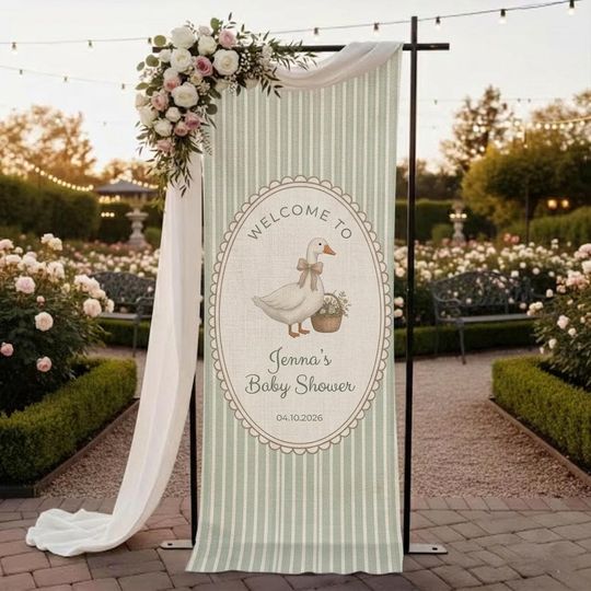 Discover Personalized Linen Cotton Baby Shower Banner, Custom Name Event Backdrop, Goose Illustration Design