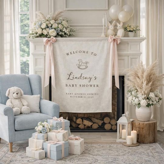 Personalized Sign for Baby Shower, Custom Welcome Sign Baby Shower Banner, Linen Baby Shower Decor with Custom Name for Baby Shower Party