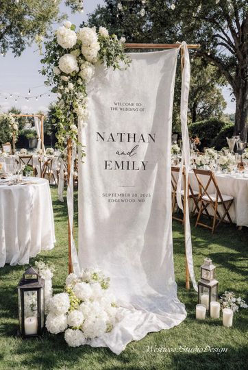 Discover Personalized Linen Wedding Welcome Sign  Custom Fabric Banner for Weddings, Bridal Showers & Special Events