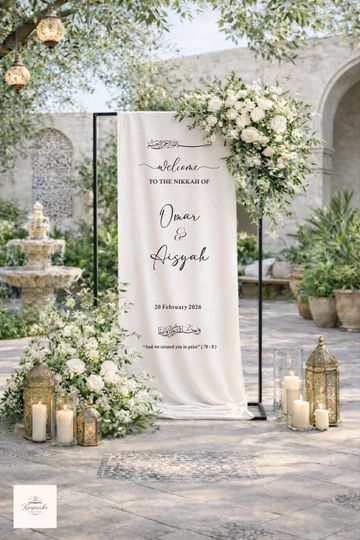 Discover Personalized Arabic Fabric Decor | Umrah Mubarak Banner Linen | Islamic Welcome Sign | Muslim Wedding Nikkah Banner