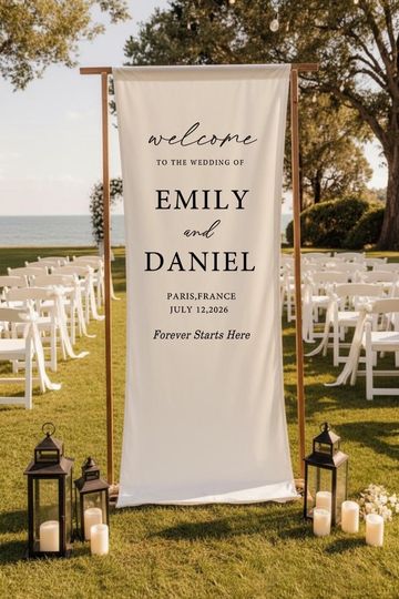 Modern Wedding Welcome Sign | Custom Linen Fabric Banner | Minimalist Wedding Decoration | Personalized Ceremony Sign