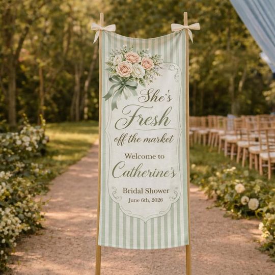 Fresh Off the Market Bridal Shower Welcome Sign, Personalized Fabric Banner Farmers Market Theme, Sage Green Striped Bridal Shower Banner