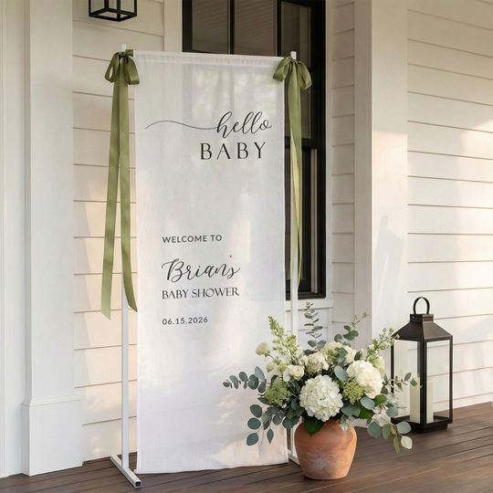 Discover Custom Hello Baby Shower Welcome Banner, Linen Fabric Party Decor