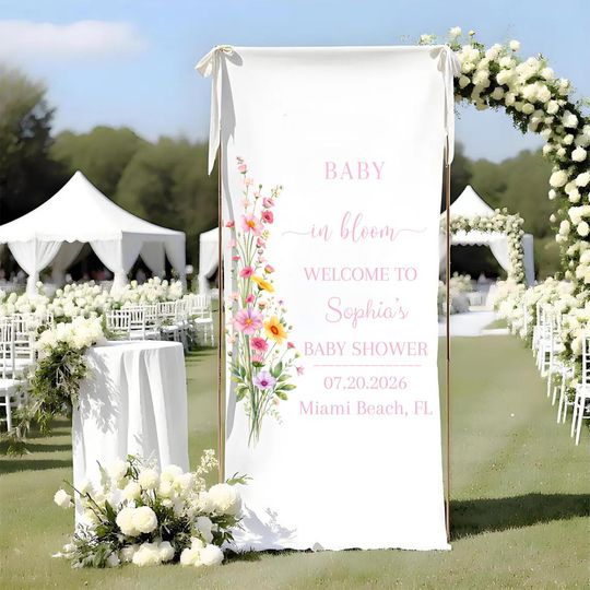 Discover Custom Baby Shower Floral Banner, Personalized Welcome Banner Cotton Polyester Fabric Botanical Event Decor, Baby Shower Welcome Tapestry