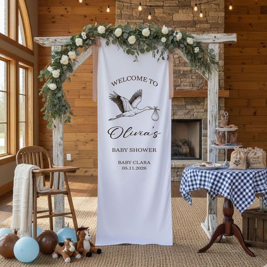 Discover Baby Shower Welcome Sign Fabric Banner, Stork Baby Shower Decor, Personalized Baby Shower Sign, Neutral Baby Shower Welcome Banner