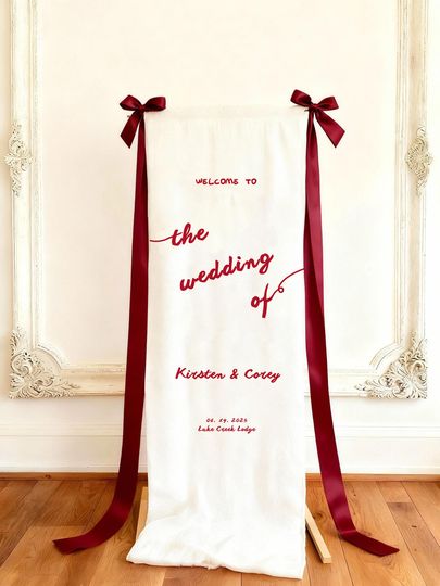 Custom wedding welcome sign, Linen Wedding Sign, canvas chiffon Fabric Banner with Collapsible Stand, destination wedding, 36