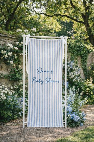 Custom Baby Shower Name Banner  Vintage Blue Stripe Fabric, Blue Striped Baby Shower Fabric Banner  Garden Party Decor