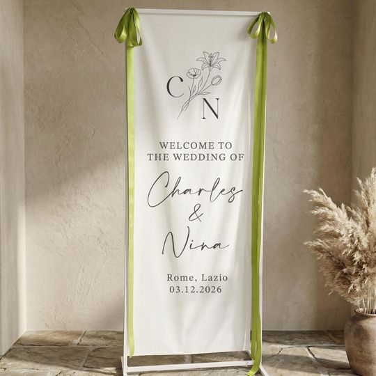 Discover Custom Fabric Wedding Welcome Sign, Elegant Linen Signage Wedding Sign, Engagement Party Sign, Modern Ceremony Decor, Personalized Banner