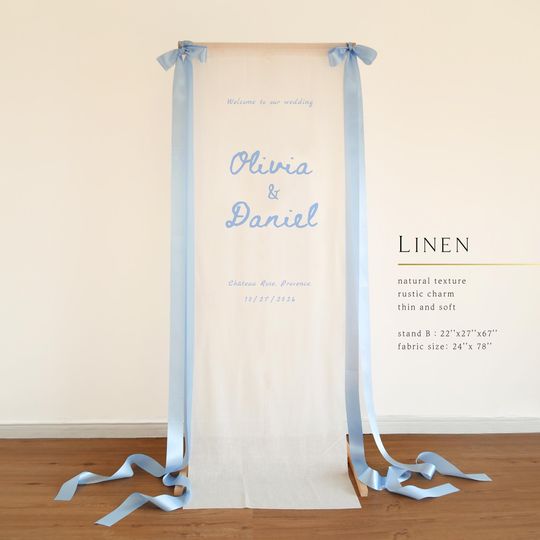 Custom wedding welcome sign, Linen Wedding Sign, canvas chiffon Fabric Banner with Collapsible Stand, destination wedding, 35