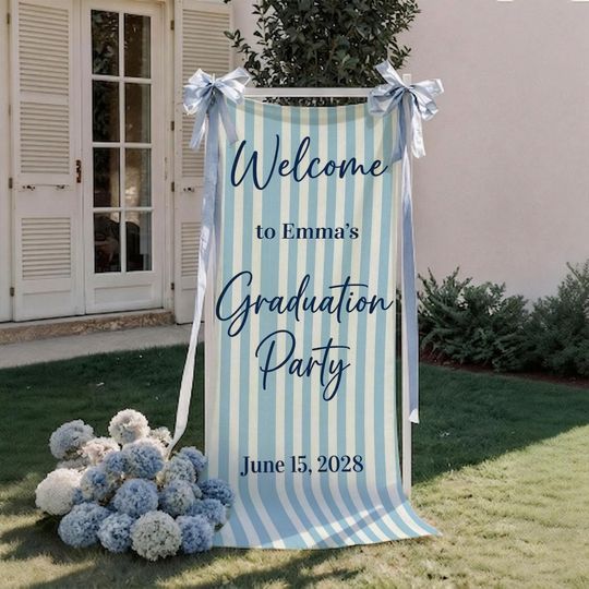 Blue and White Striped Personalized Graduation Party Welcome Banner Sign