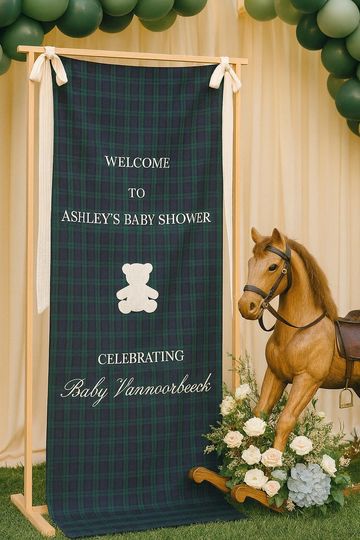 Discover Polo Plaid Baby Shower, Fabric Baby Shower Welcome Sign, Baby Sprinkle or Baby in Bloom, Personalized Linen Sign, Plaid Baby Shower Banner
