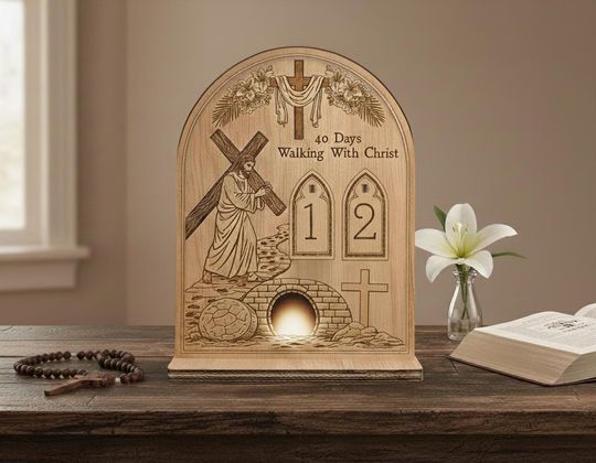 Catholic Lent Countdown Wooden Plaque, 40 Days Walking With Christ Decor, Family Easter Table Sign, Christian Easter Table Decor
