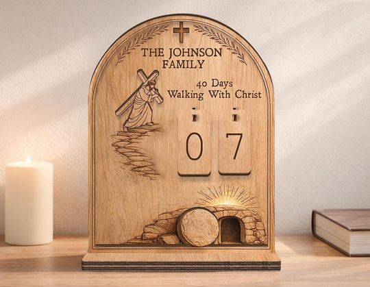 Catholic Lent Countdown Wooden Plaque, 40 Days Walking With Christ Decor, Personalized Family Easter Religious Table Sign