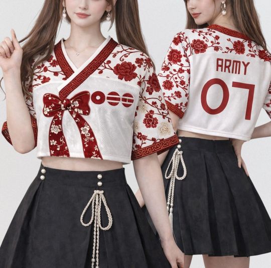 Discover BTS Arirang Bangtan World Tour 2026 Hanbok Style Crop-top V-neck Jersey, Korean Traditional Inspired Top, ARMY 07 Shirt Custom BTS Fan Gifts