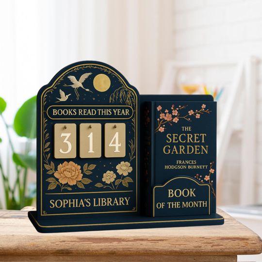 Personalized Vintage Floral Crane Library Set Books Read This Year Tracker  Custom Name Number Flip, Wood Desk Plaque, Book of Month Gifts