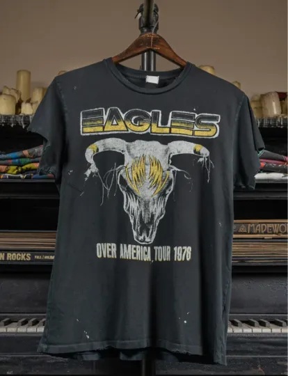 Discover The Eagles band Over America, Tour 1978 Black T shirt