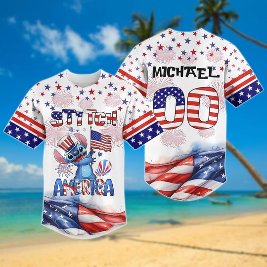 Discover Personalized Stitch America 4th of July Baseball Jersey, Custom Name Patriotic Jersey, Disney Stitch Fireworks USA Flag Baseball Shirt