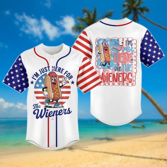 Discover I'm Just Here For The Wieners 4th of July Baseball Jersey,  Funny Hot Dog Patriotic Shirt, USA Flag Independence Day