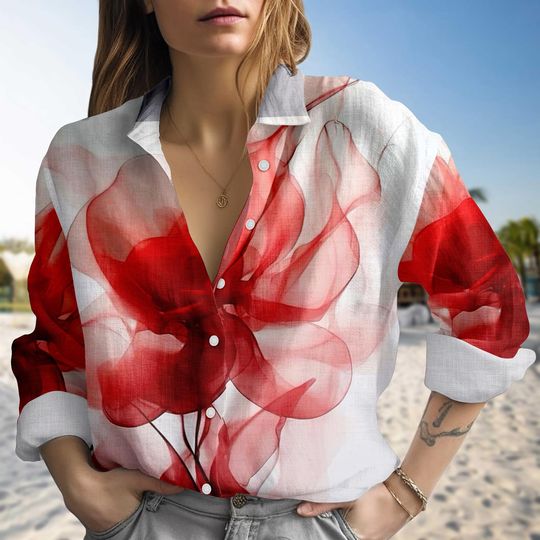 Discover Red Floral Linen Blouse Shirt, Watercolor Flower Button Up Shirt, Elegant Casual Long Sleeve Top