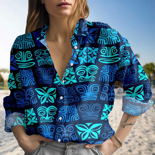 Discover Tiki Blouse Shirt, Tropical Button-Up for Women, Hawaiian Summer Vacation Top