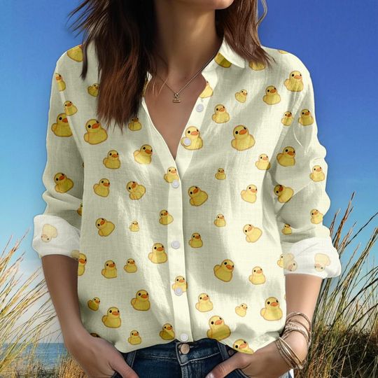 Discover Rubber Duck Print Blouse Shirt for Women, Casual Oversized Yellow Duck Button Up, Kawaii Vacation Top