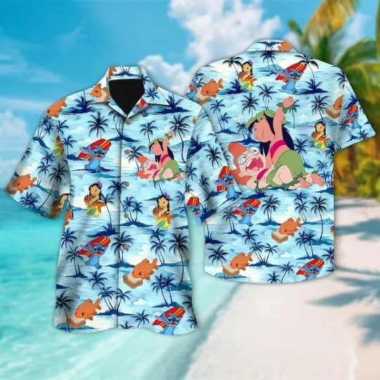 Discover Disney Stitch And Lilo Funny Blue Beach With Friends Hawaiian Shirt