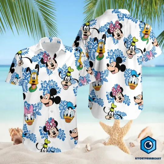Discover Disney Mickey And Friends Blue Floral Disneyland Vacation Trip Hawaiian Shirt